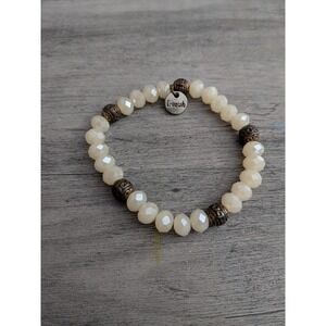 Erimish Beaded Stretch Bracelet Cream Faceted Glass Bronze Filigree Charm